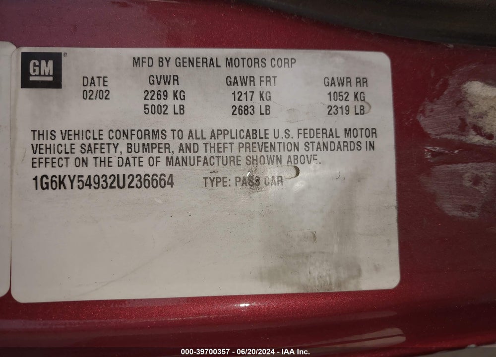 2002 CADILLAC SEVILLE STS VIN: 1G6KY54932U236664