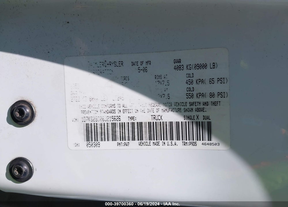 2006 DODGE RAM 2500 ST VIN: 1D7KS28C06J215626