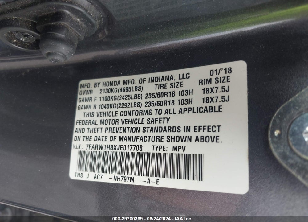 2018 HONDA CR-V EX-L/EX-L NAVI VIN: 7FARW1H8XJE017708