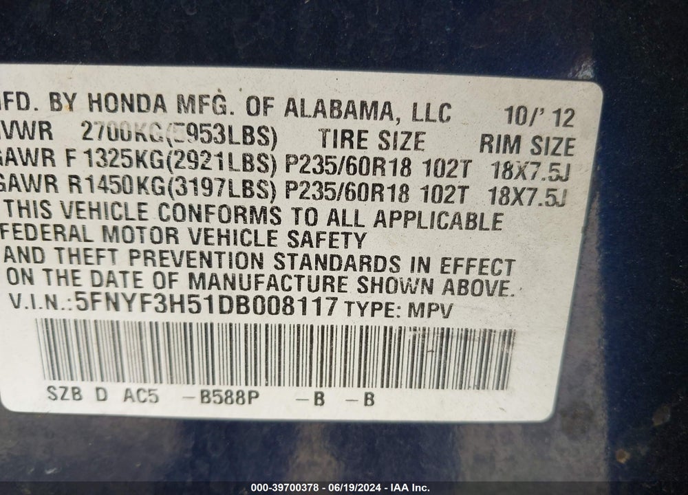 2013 HONDA PILOT EX-L VIN: 5FNYF3H51DB008117