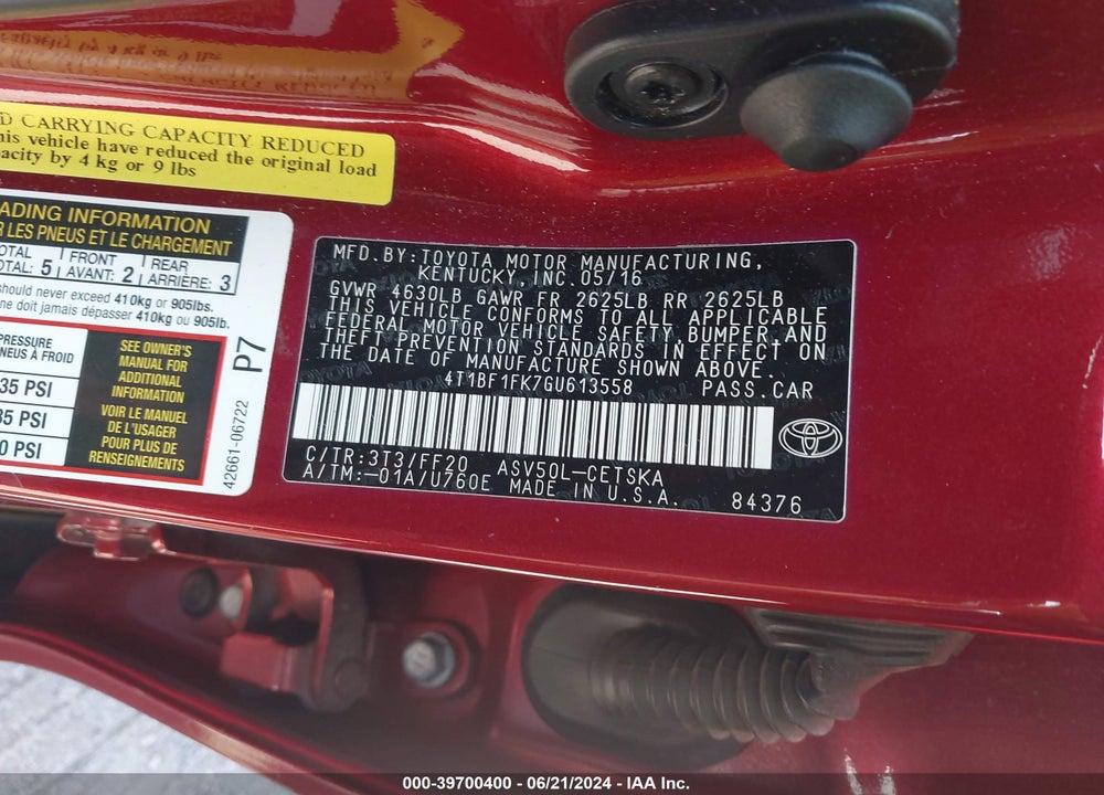 2016 TOYOTA CAMRY SE VIN: 4T1BF1FK7GU613558