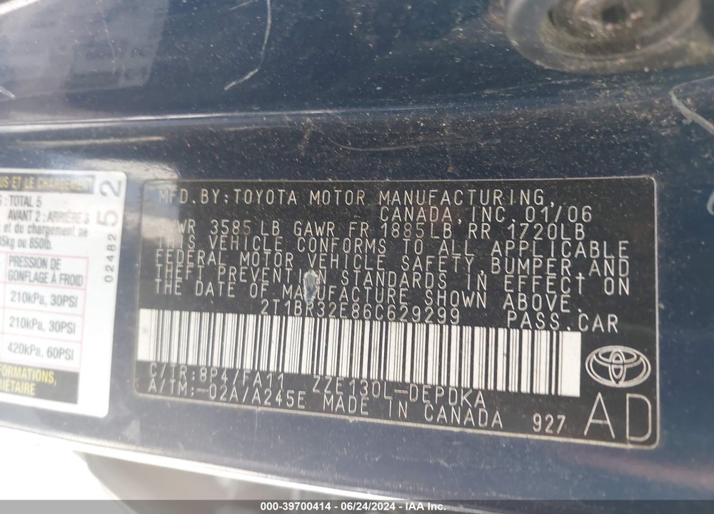 2006 TOYOTA COROLLA CE VIN: 2T1BR32E86C629299