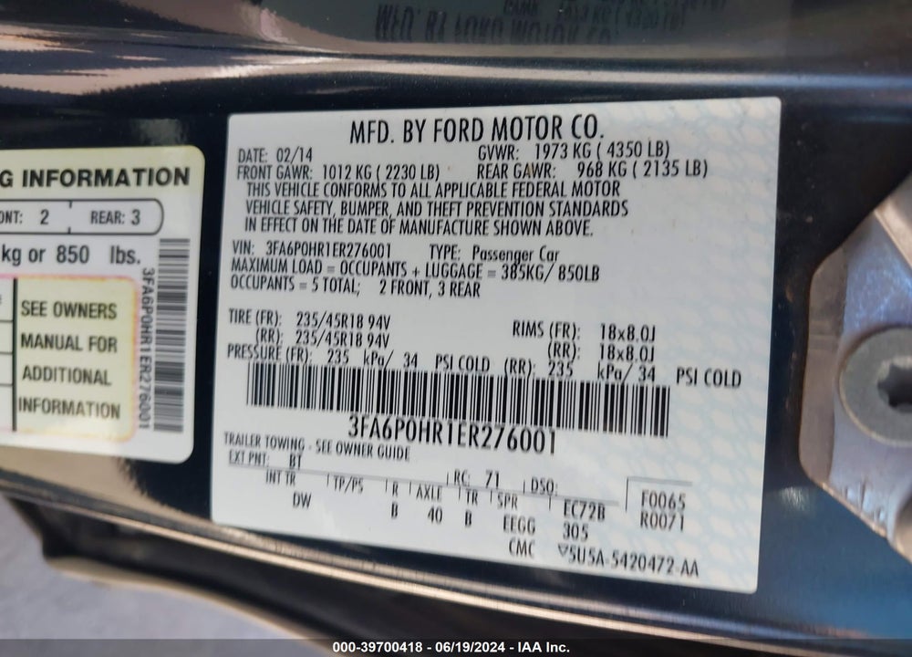 2014 FORD FUSION SE VIN: 3FA6P0HR1ER276001