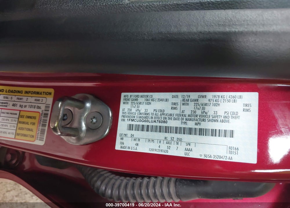 2020 FORD ESCAPE SE VIN: 1FMCU0G60LUA76080