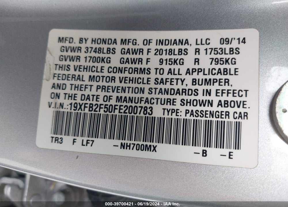 2015 HONDA CIVIC LX VIN: 19XFB2F50FE200783