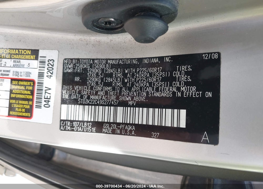 2009 TOYOTA SIENNA LIMITED VIN: 5TDZK22C49S277457