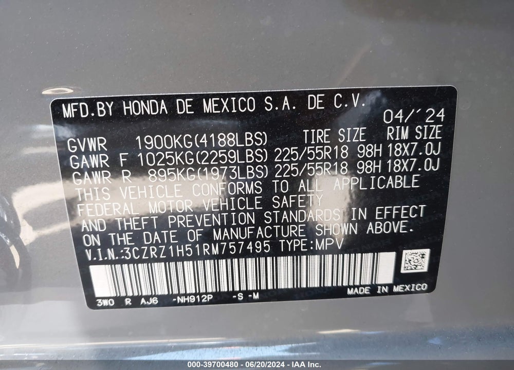 2024 HONDA HR-V 2WD SPORT/2WD SPORT W/O BSI VIN: 3CZRZ1H51RM757495