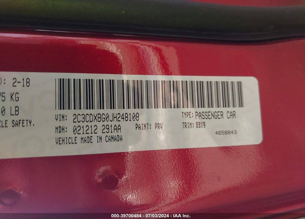 2018 DODGE CHARGER SXT RWD VIN: 2C3CDXBG0JH248108