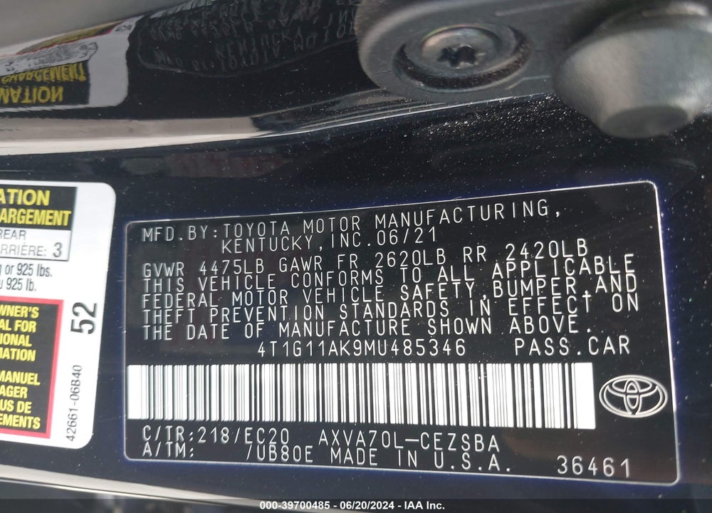 2021 TOYOTA CAMRY SE NIGHTSHADE EDITION VIN: 4T1G11AK9MU485346