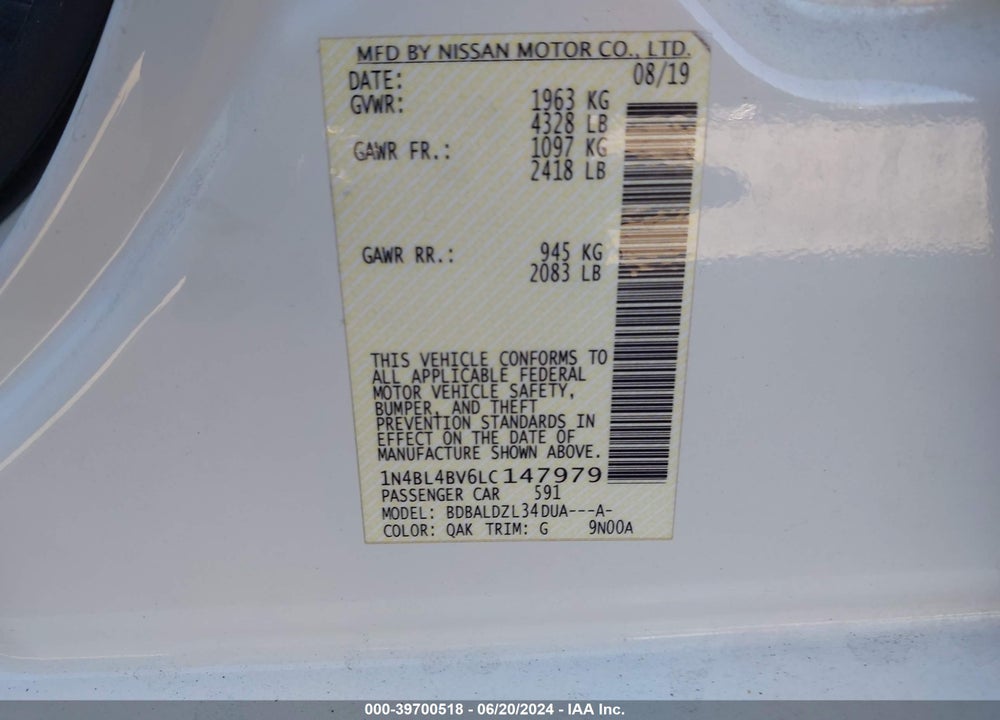 2020 NISSAN ALTIMA S FWD VIN: 1N4BL4BV6LC147979