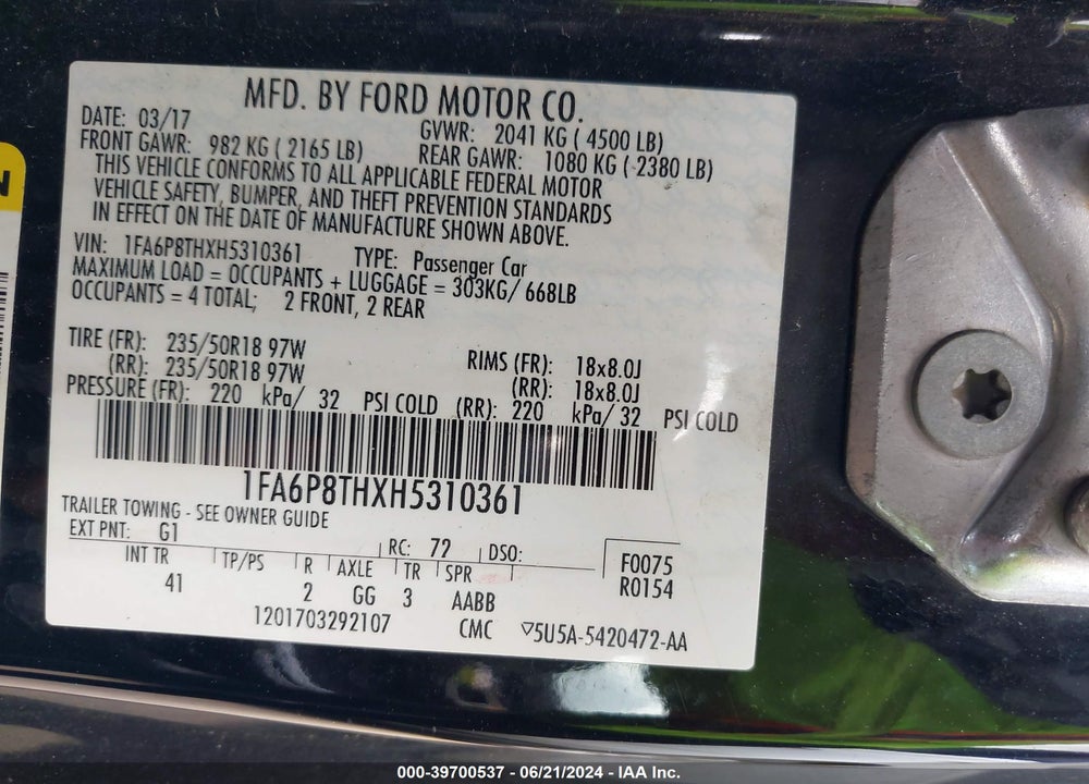 2017 FORD MUSTANG ECOBOOST VIN: 1FA6P8THXH5310361