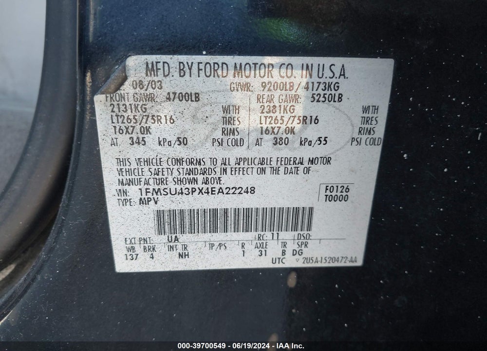 2004 FORD EXCURSION LIMITED VIN: 1FMSU43PX4EA22248