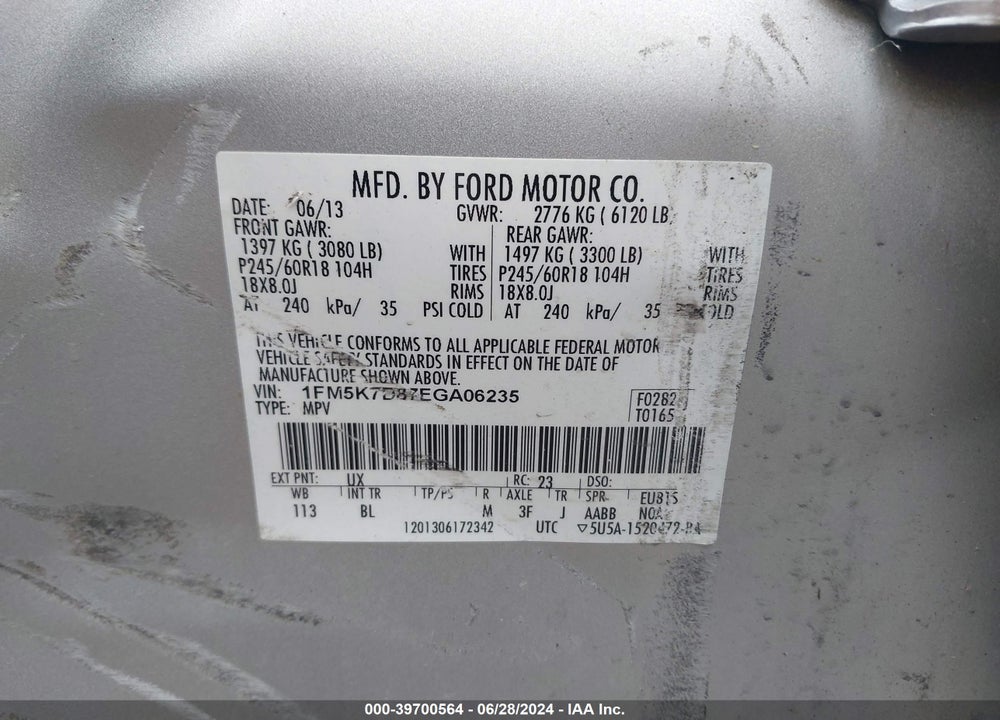 2014 FORD EXPLORER XLT VIN: 1FM5K7D87EGA06235