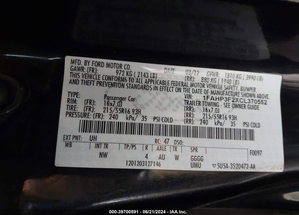 2012 FORD FOCUS SE VIN: 1FAHP3F2XCL370552