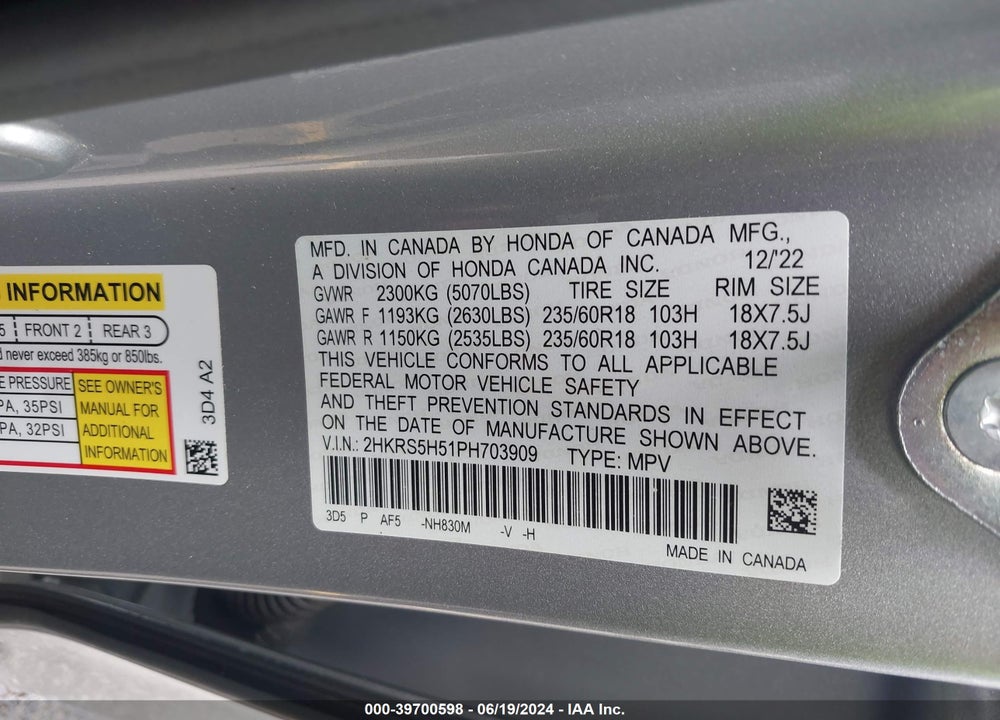 2023 HONDA CR-V HYBRID SPORT VIN: 2HKRS5H51PH703909