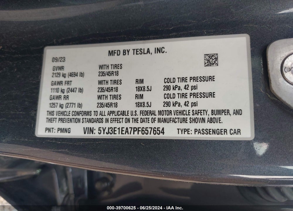 2023 TESLA MODEL 3 REAR-WHEEL DRIVE VIN: 5YJ3E1EA7PF657654
