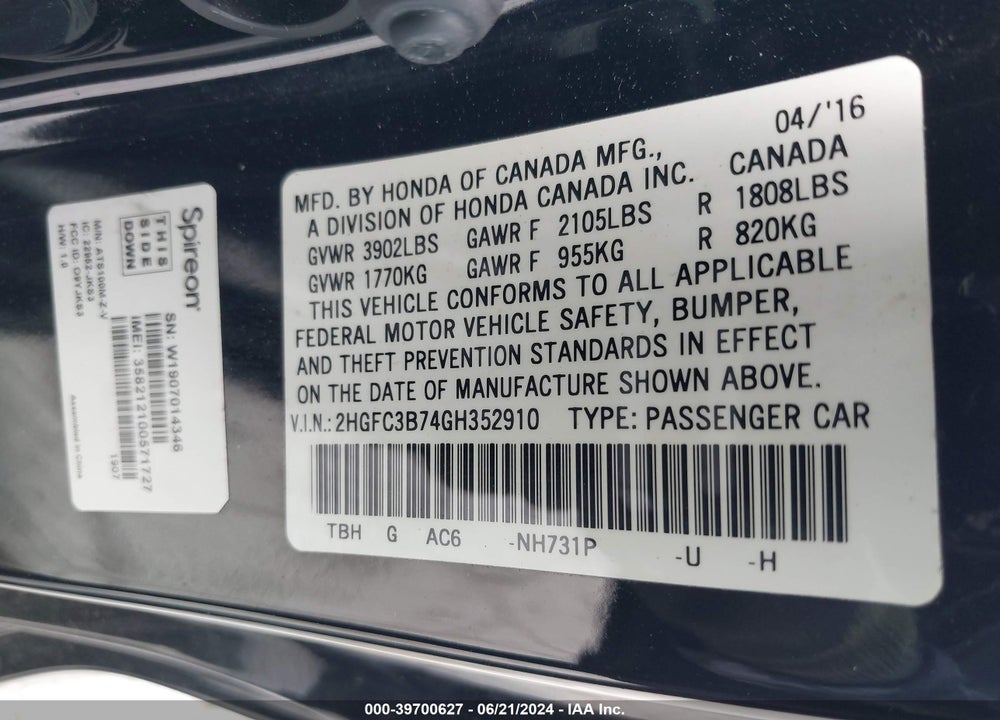 2016 HONDA CIVIC EX-L VIN: 2HGFC3B74GH352910