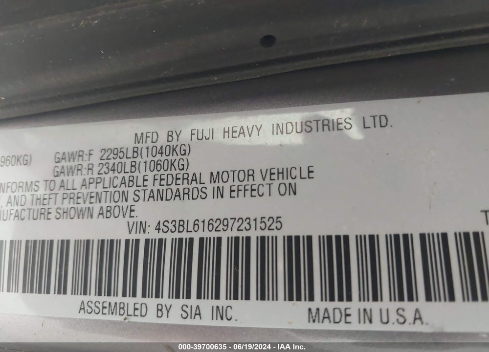 2009 SUBARU LEGACY 2.5I VIN: 4S3BL616297231525
