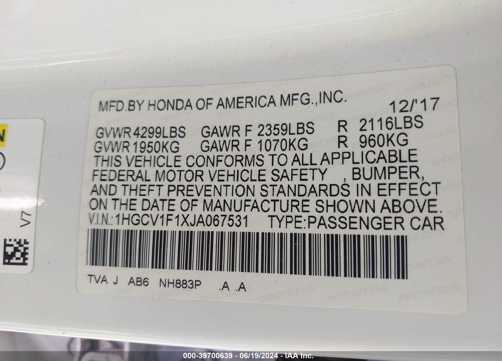 2018 HONDA ACCORD LX VIN: 1HGCV1F1XJA067531