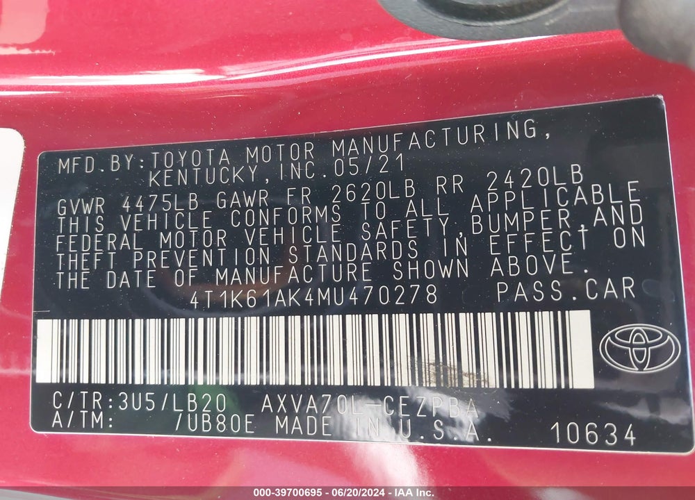 2021 TOYOTA CAMRY XSE VIN: 4T1K61AK4MU470278