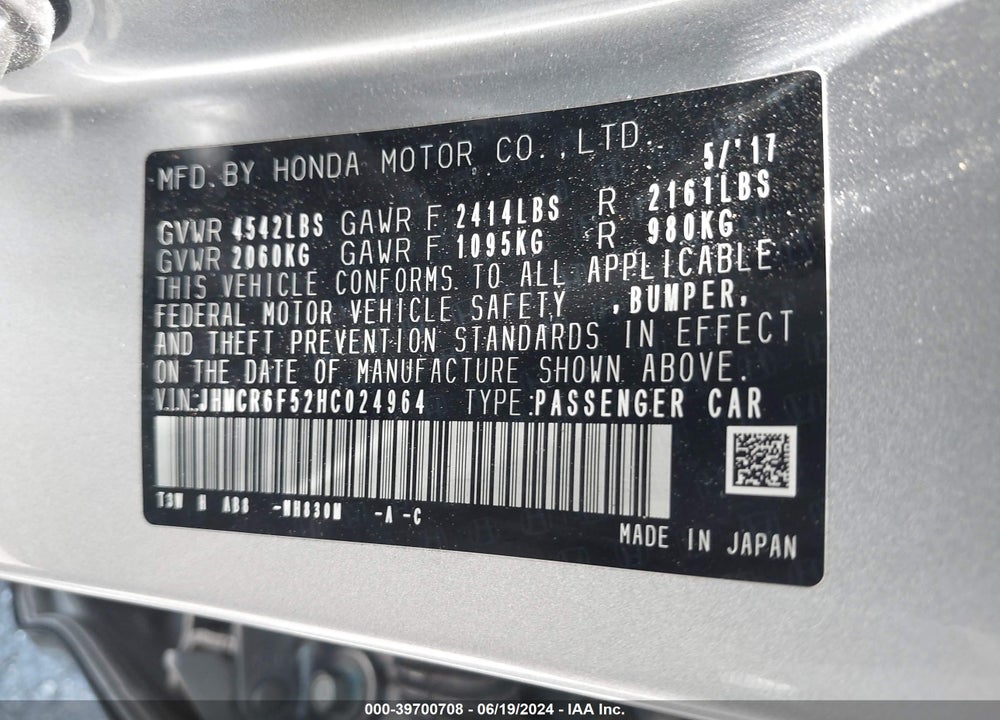 2017 HONDA ACCORD HYBRID EX-L VIN: JHMCR6F52HC024964