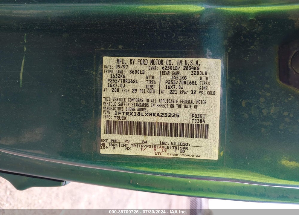 1998 FORD F-150 VIN: 1FTRX18LXWKA23225