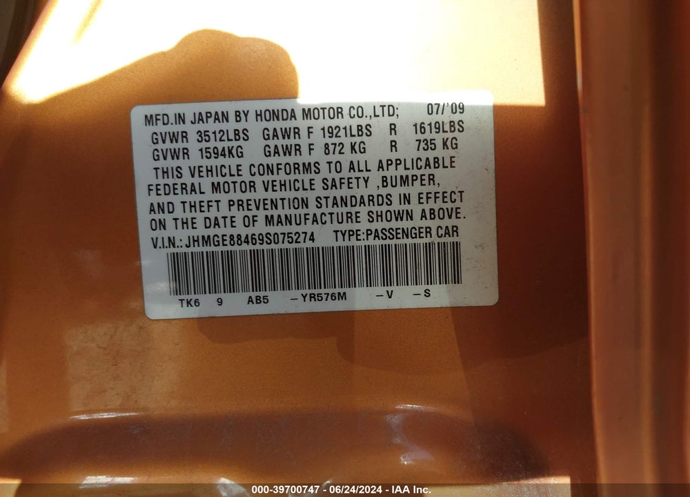 2009 HONDA FIT SPORT VIN: JHMGE88469S075274
