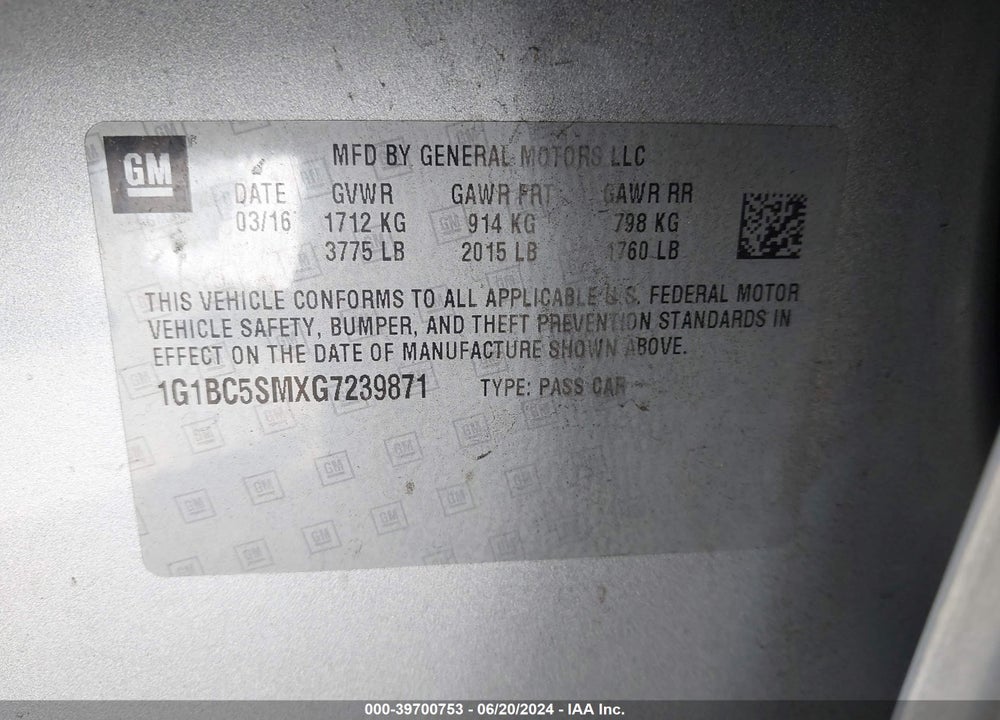 2016 CHEVROLET CRUZE LS AUTO VIN: 1G1BC5SMXG7239871