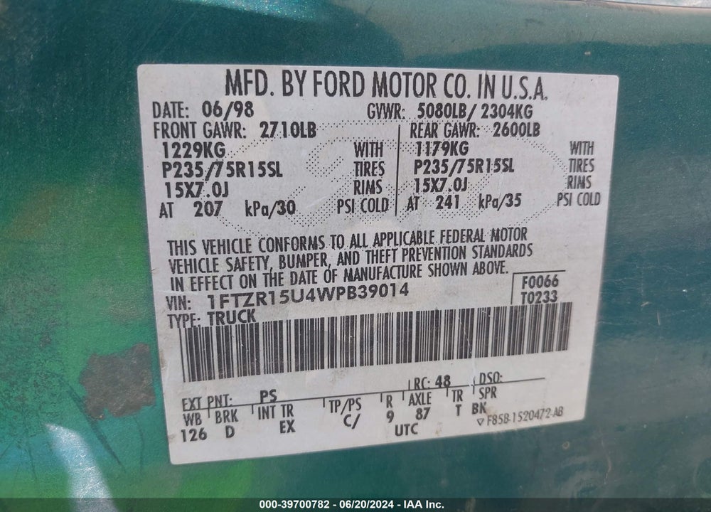 1998 FORD RANGER SPLASH/XL/XLT VIN: 1FTZR15U4WPB39014