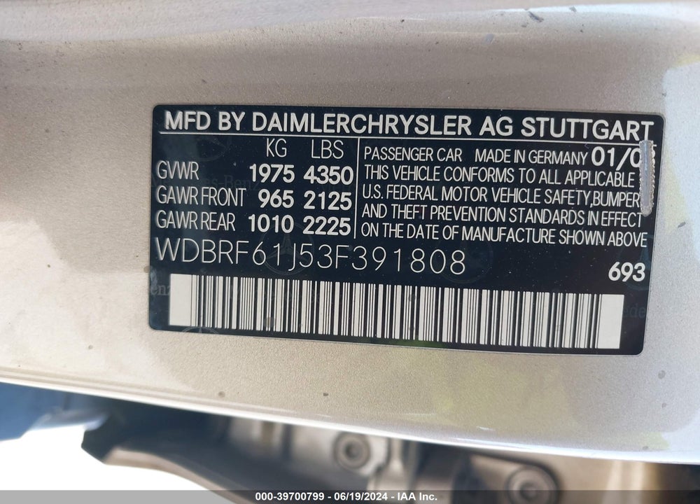 2003 MERCEDES-BENZ C 240 VIN: WDBRF61J53F391808