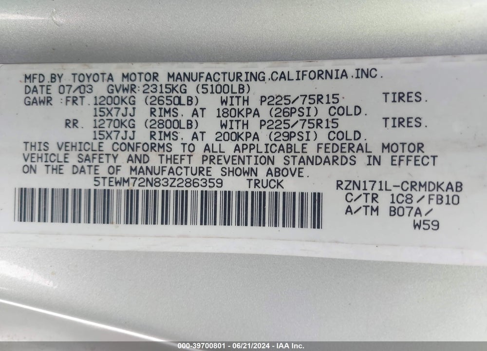 2003 TOYOTA TACOMA VIN: 5TEWM72N83Z286359