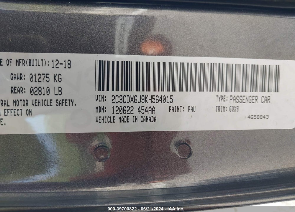 2019 DODGE CHARGER SCAT PACK RWD VIN: 2C3CDXGJ9KH564015