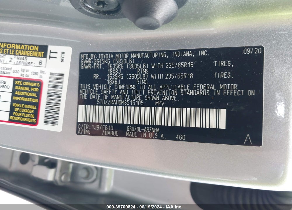 2021 TOYOTA HIGHLANDER LE VIN: 5TDZZRAH0MS515105