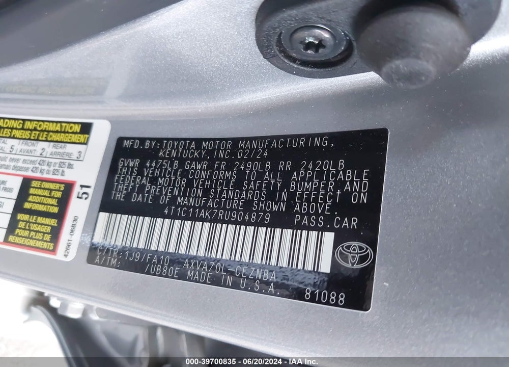 2024 TOYOTA CAMRY LE VIN: 4T1C11AK7RU904879
