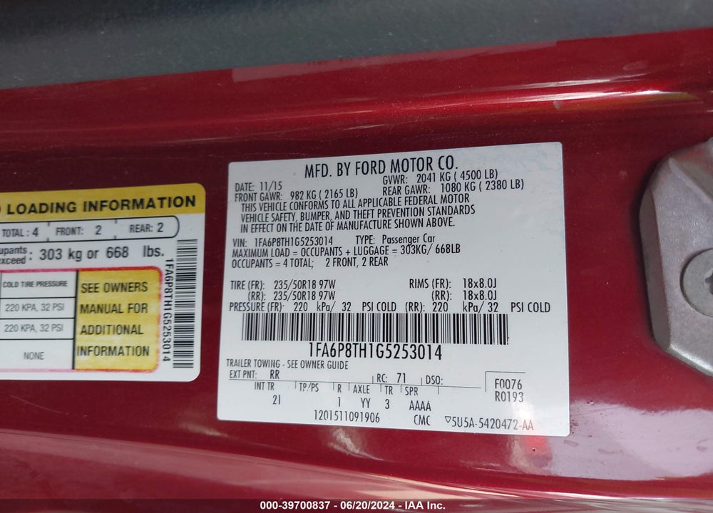 2016 FORD MUSTANG ECOBOOST VIN: 1FA6P8TH1G5253014