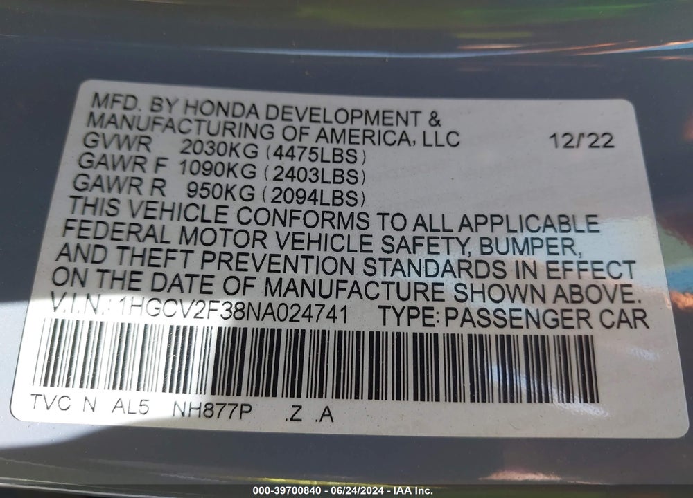 2022 HONDA ACCORD SPORT 2.0T VIN: 1HGCV2F38NA024741