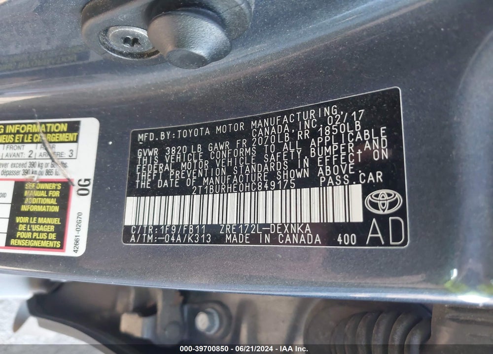 2017 TOYOTA COROLLA LE VIN: 2T1BURHE0HC849175