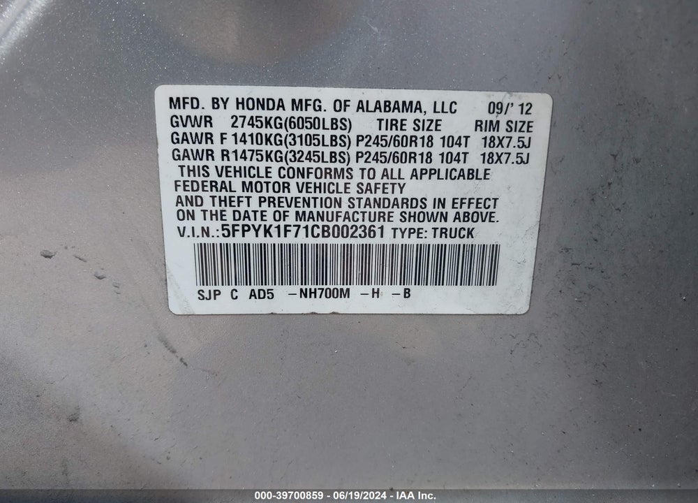 2012 HONDA RIDGELINE SPORT VIN: 5FPYK1F71CB002361