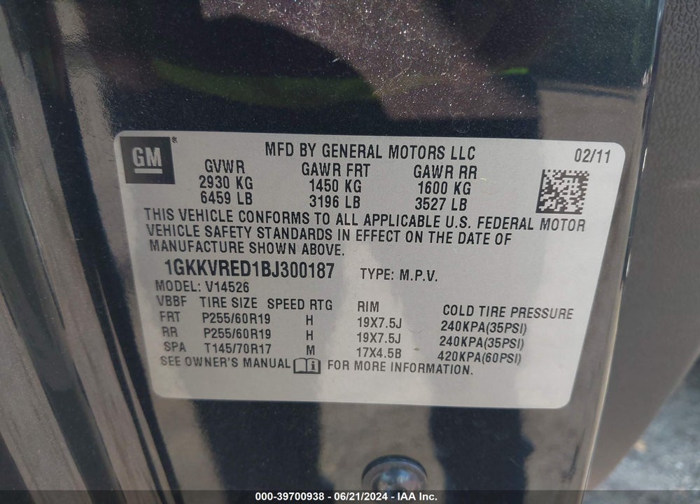 2011 GMC ACADIA SLT-1 VIN: 1GKKVRED1BJ300187