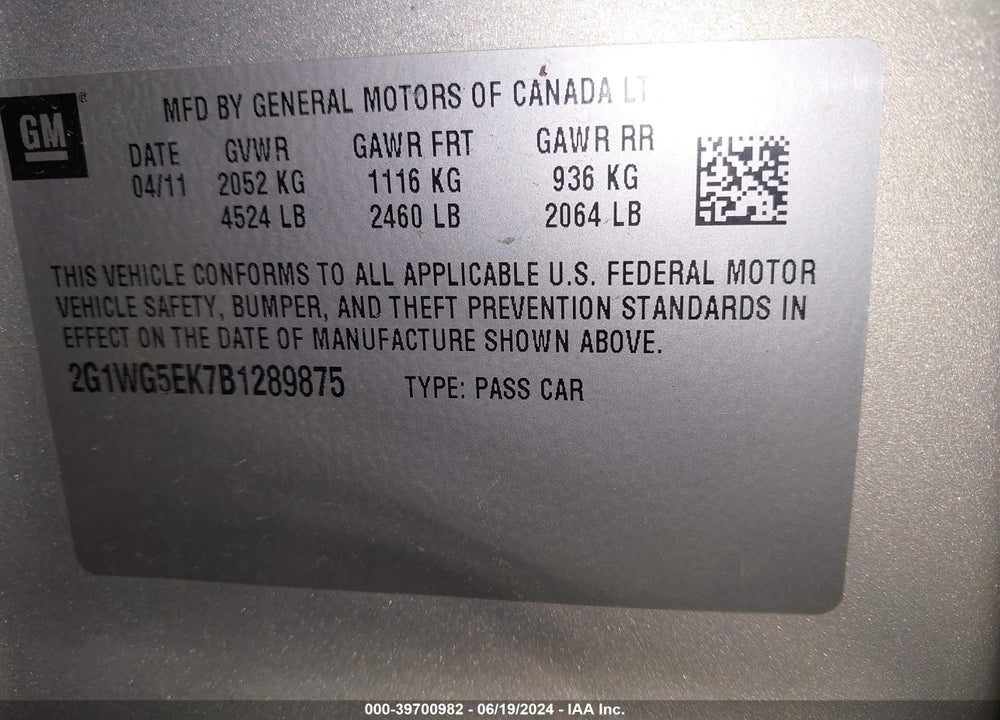 2011 CHEVROLET IMPALA LT VIN: 2G1WG5EK7B1289875