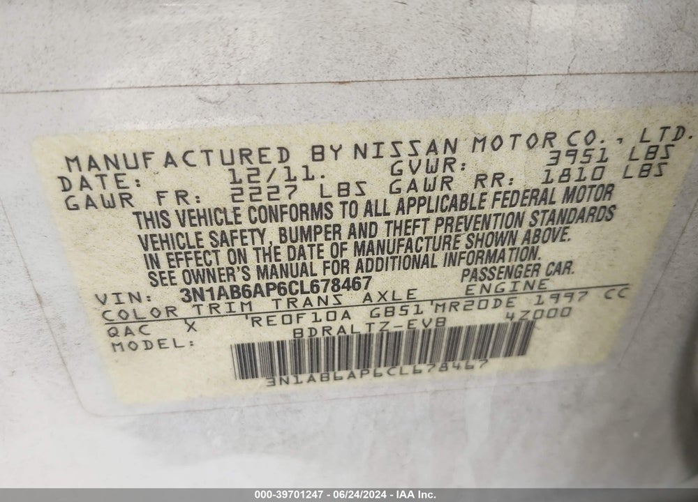 2012 NISSAN SENTRA 2.0 SR VIN: 3N1AB6AP6CL678467