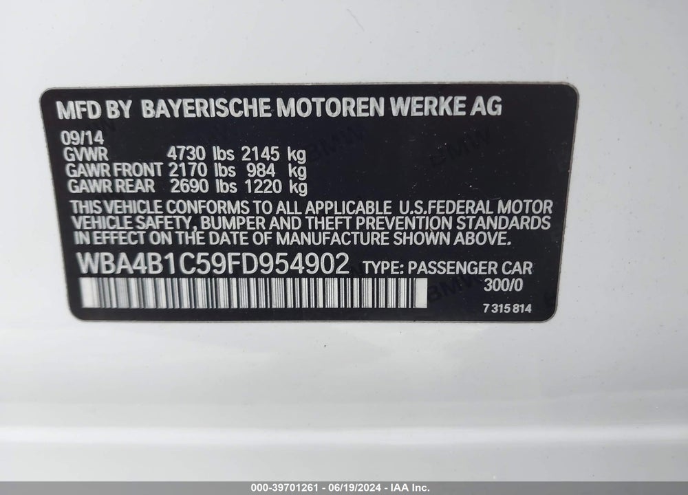 2015 BMW 435I GRAN COUPE VIN: WBA4B1C59FD954902