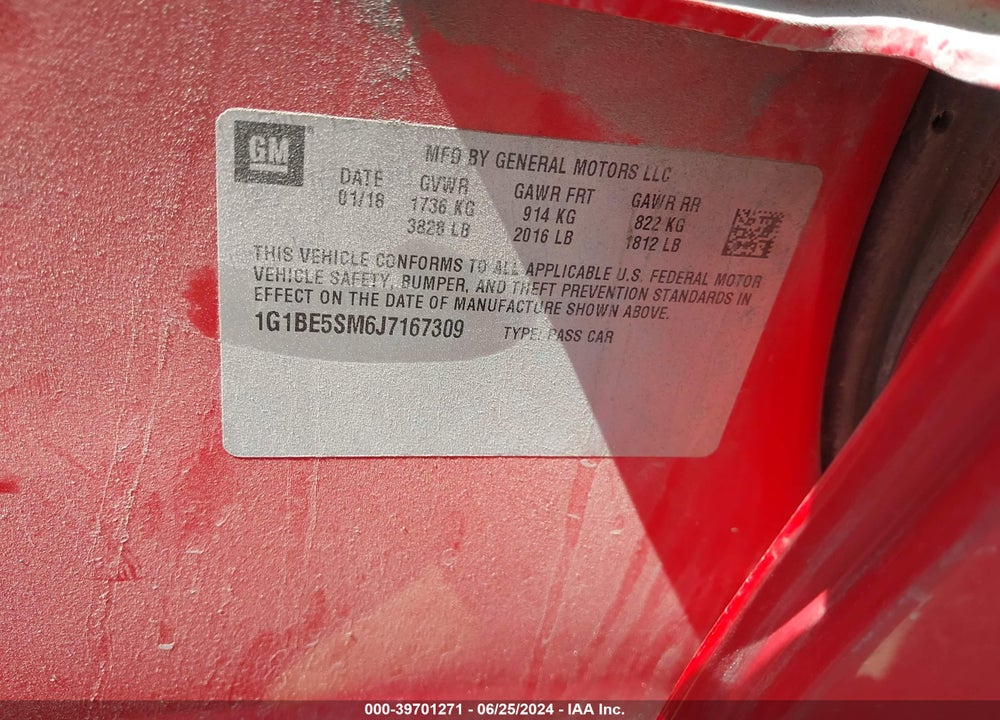 2018 CHEVROLET CRUZE LT AUTO VIN: 1G1BE5SM6J7167309