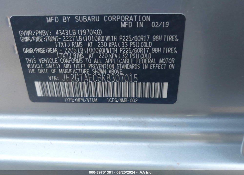 2019 SUBARU CROSSTREK 2.0I PREMIUM VIN: JF2GTAEC6K8307015