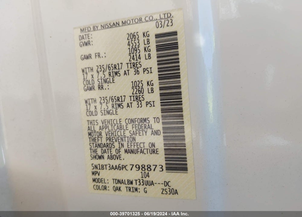 2023 NISSAN ROGUE S FWD VIN: 5N1BT3AA6PC798873