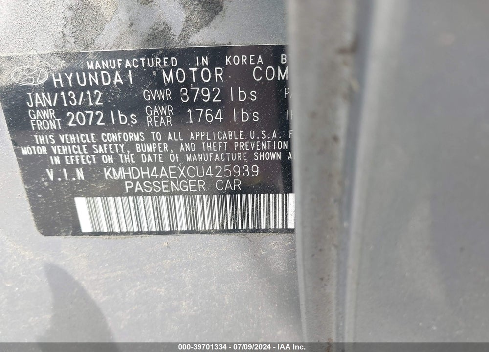 2012 HYUNDAI ELANTRA GLS (ULSAN PLANT) VIN: KMHDH4AEXCU425939