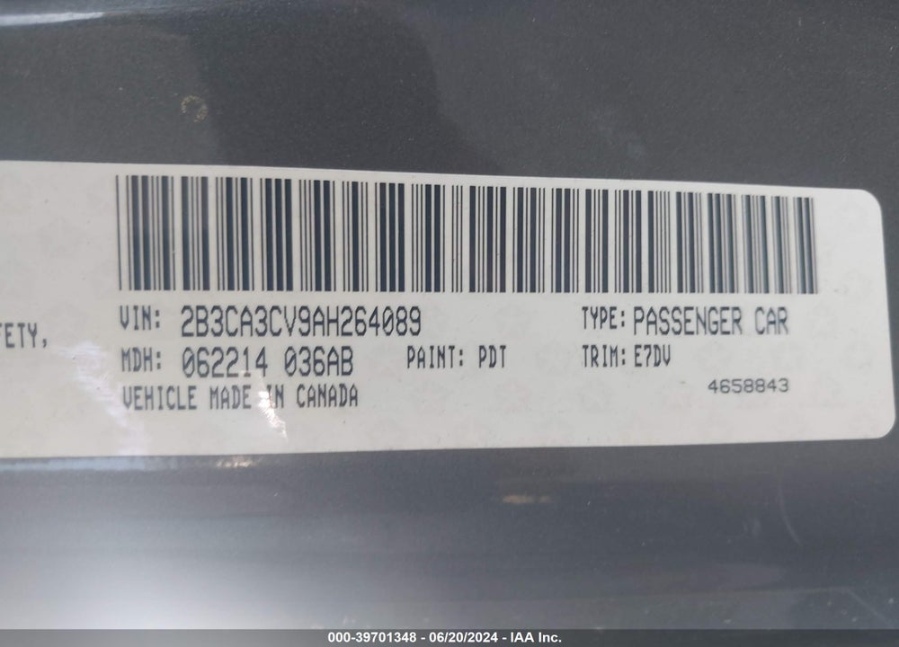 2010 DODGE CHARGER SXT VIN: 2B3CA3CV9AH264089