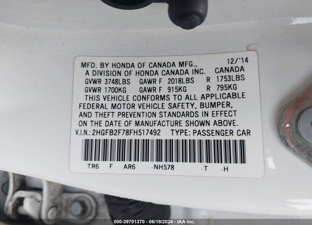 2015 HONDA CIVIC SE VIN: 2HGFB2F78FH517492