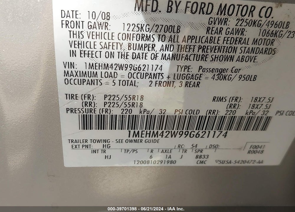 2009 MERCURY SABLE PREMIER VIN: 1MEHM42W99G621174