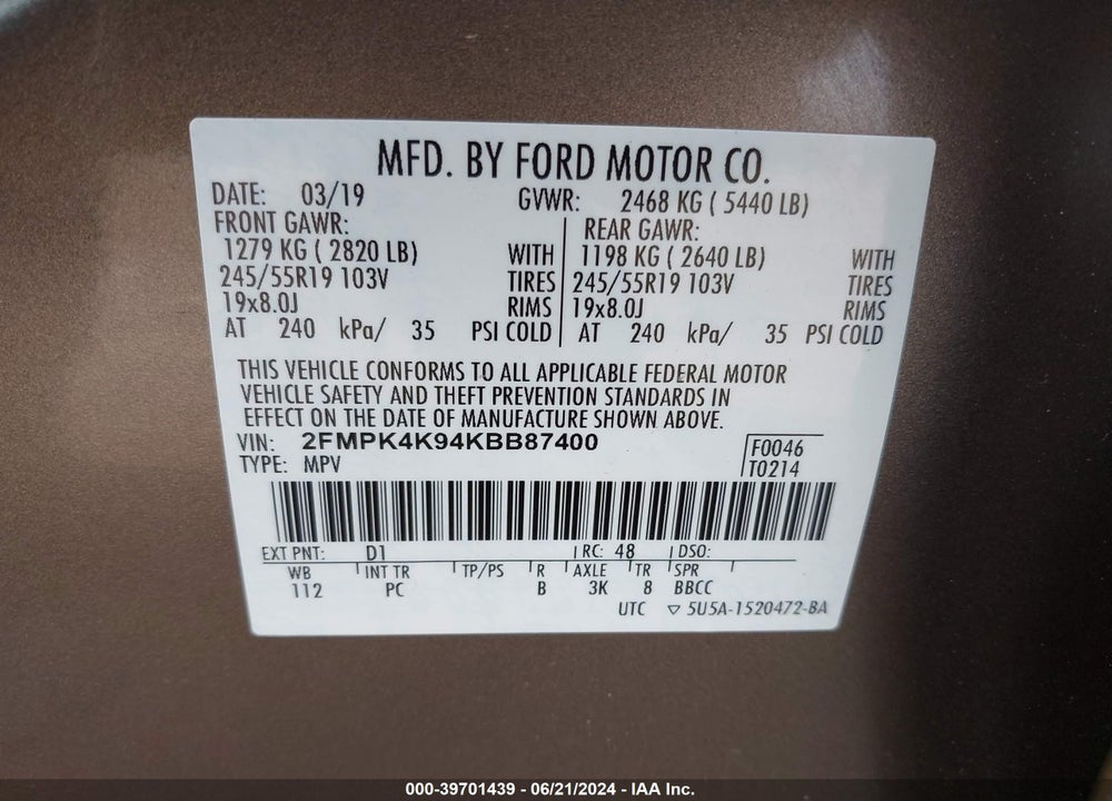 2019 FORD EDGE TITANIUM VIN: 2FMPK4K94KBB87400